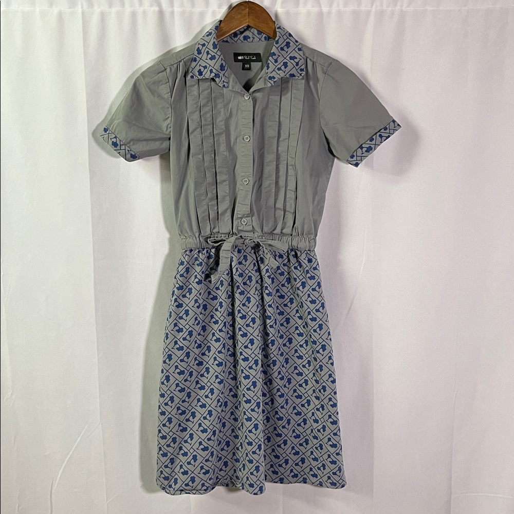 Vintage Y2K Paul Frank Slate Gray & Blue Moped Print Tie Waist A-Line Dress